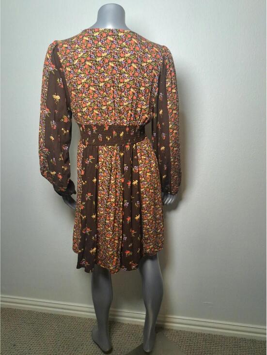 SO Goods For Life Brown Floral Stripe A-line Mini Sleeve Dress Empire Waist XL - Picture 2 of 6